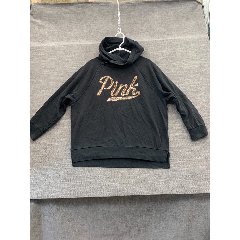 Victoria's Secret Pink Hoodie Womens Large Black Spellout Sequin Raglan Sleeve